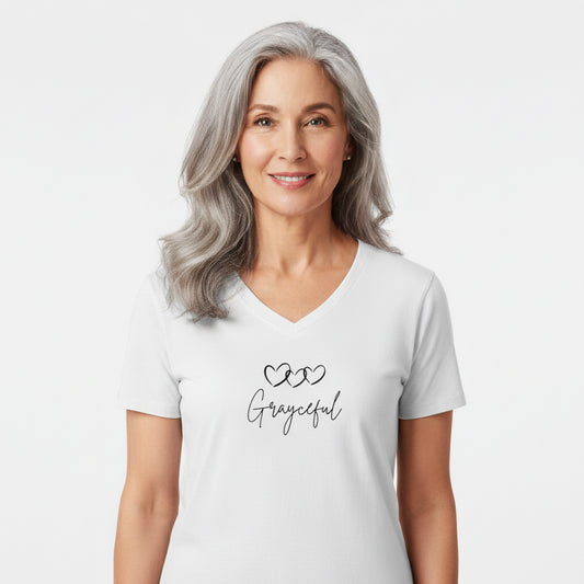 grayceful v-neck t-shirt with 3 connected hearts 