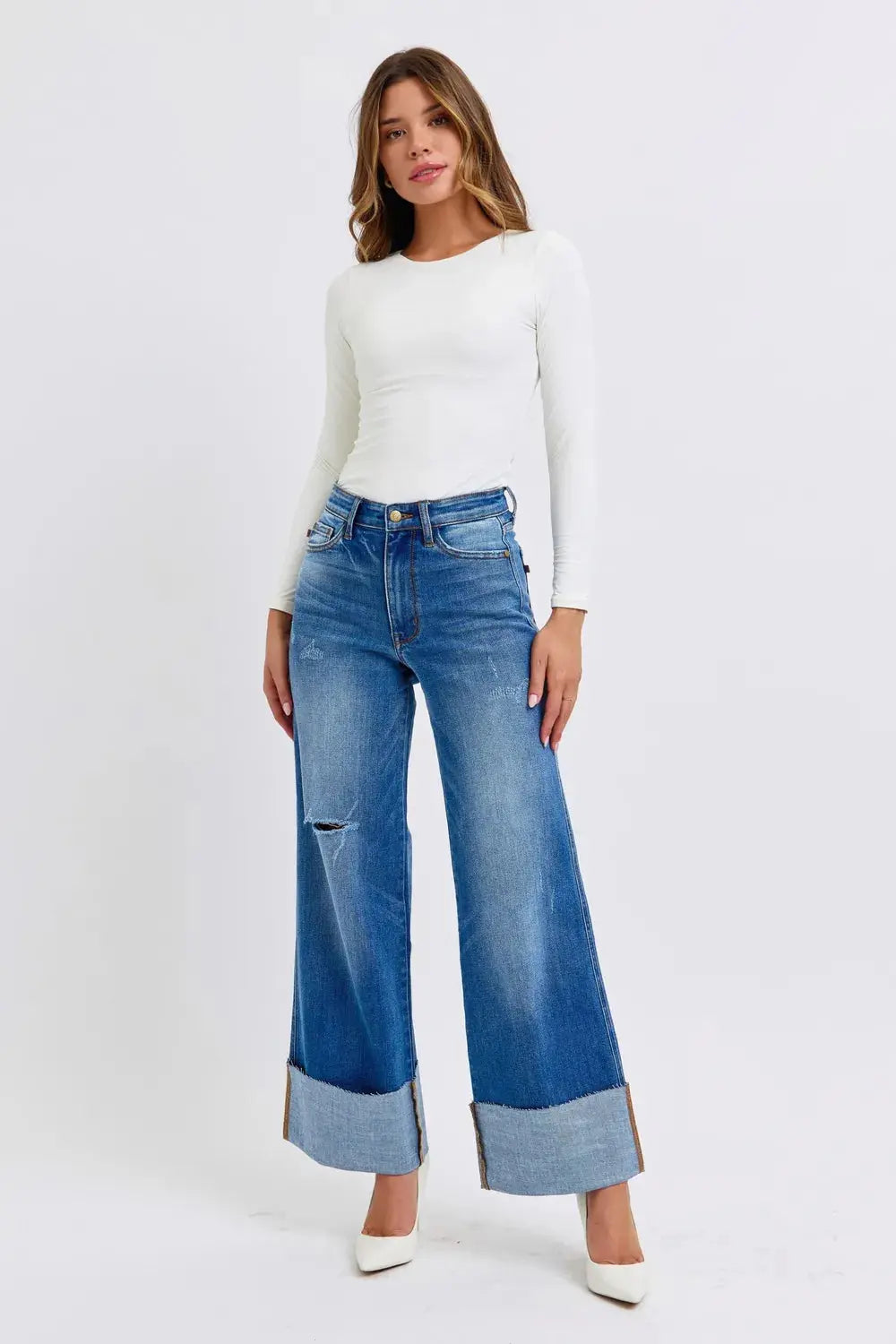 Distressed High Waist Wide Leg Cuffed Judy Blue Jeans – Full Size