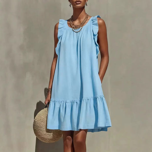 New Stylish Casual Loose Round-Neck Sleeveless Ruffle-Trim Dress