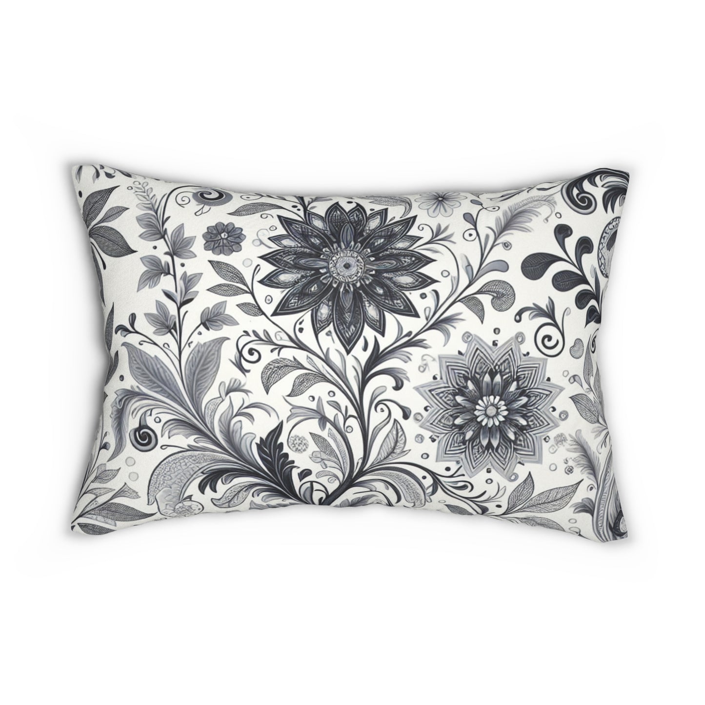 Floral Scroll Lumbar Pillow — Black & White Decorative Accent