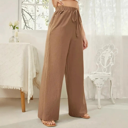 Elastic-waist Casual Solid-color Trousers