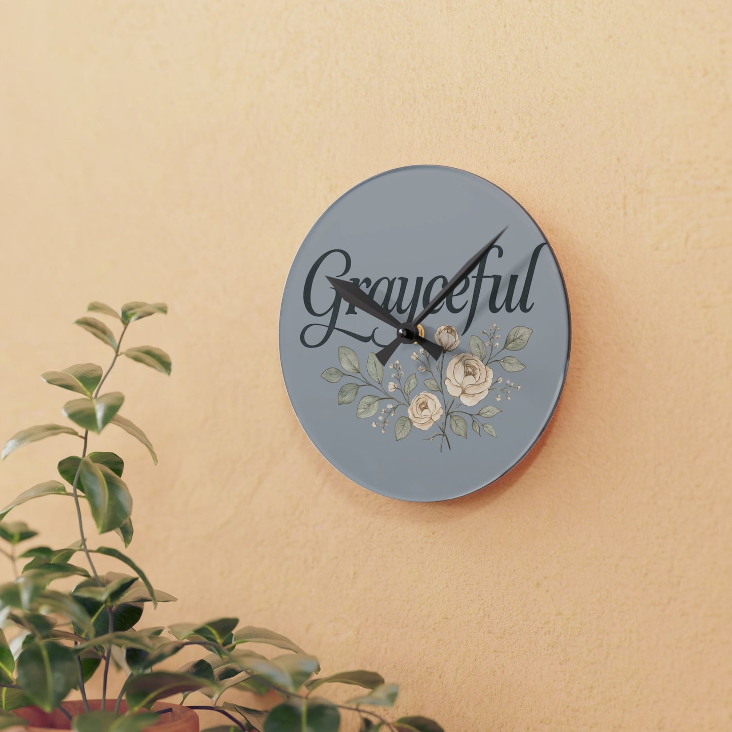 Gray Floral Acrylic Wall Clock, Grateful Home Decor, Modern Wall Art, Gift for Her, Office or Living Room
