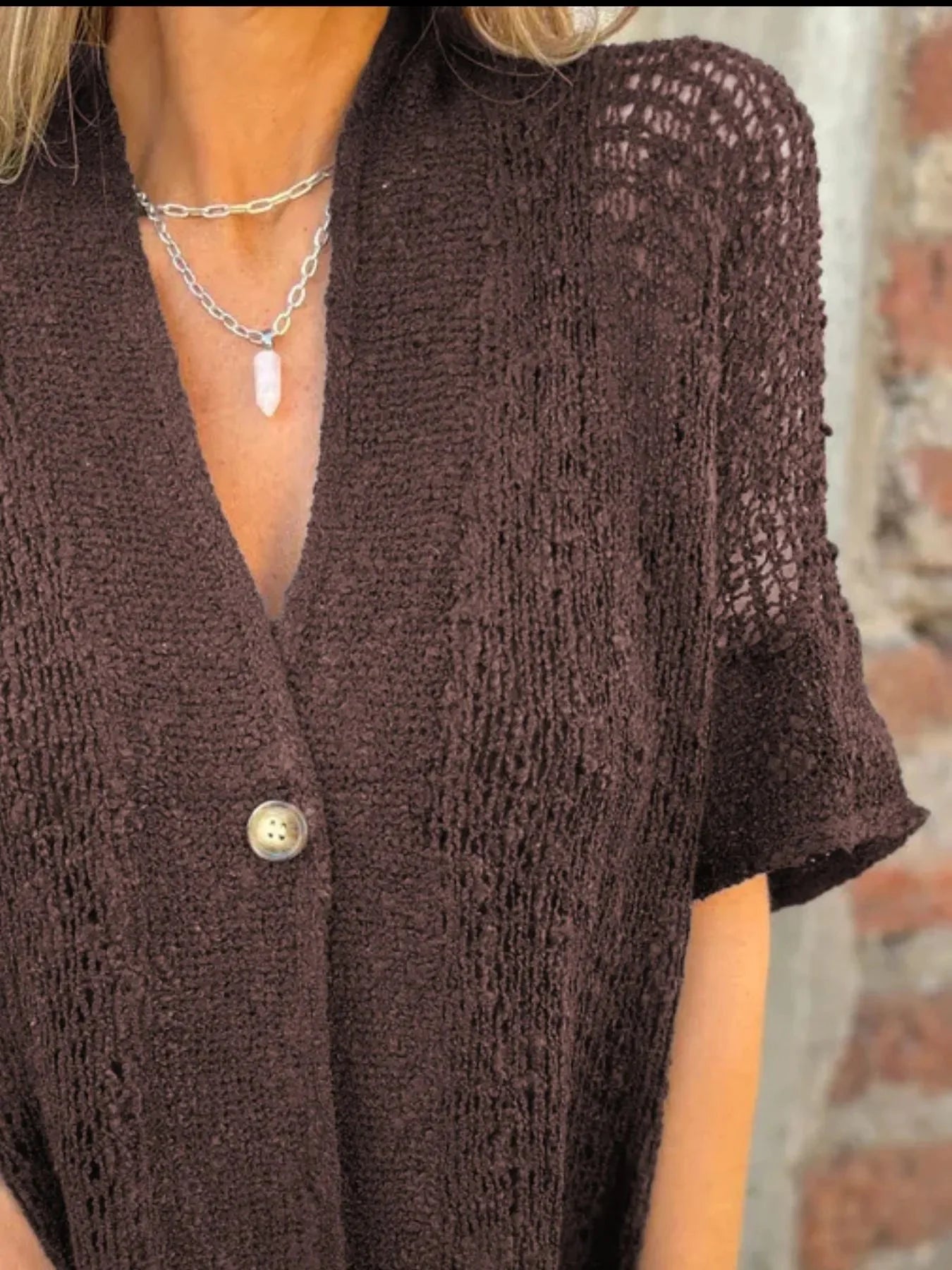 Full Size Knit Openwork One Button Cardigan