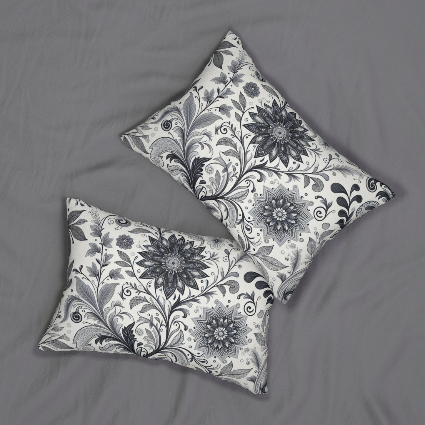 Floral Scroll Lumbar Pillow — Black & White Decorative Accent