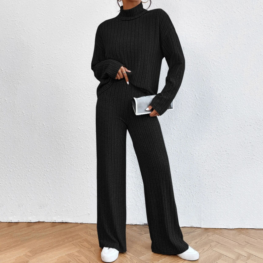 r Leisure Turtleneck Knitting Long-sleeve Suit Women's Sweater Loose Trousers Two-piece Set