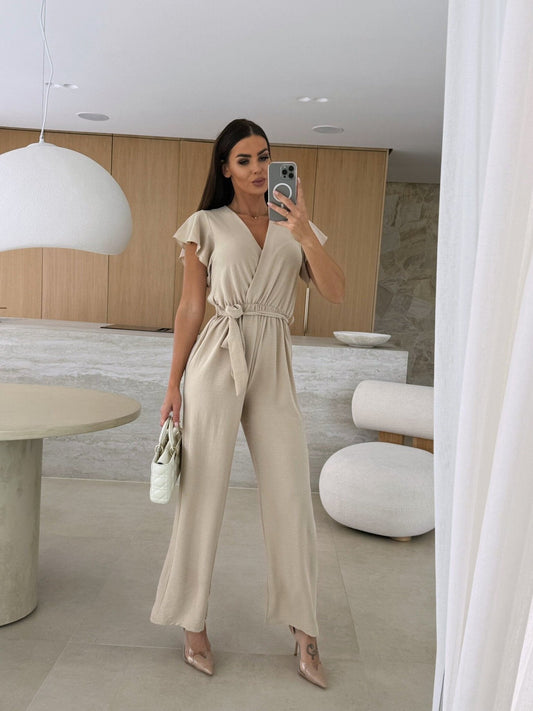 Summer Women Clothing V neck Waist Controlled Lace up Solid Color Jumpsuit Trousers