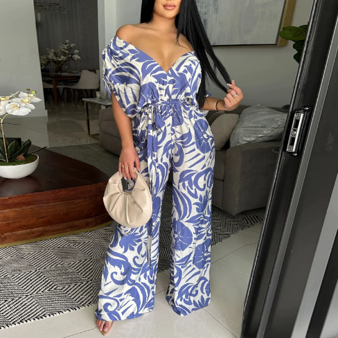 Women Clothing off the Shoulder Batwing Sleeve Wide Leg Printed Jumpsuit