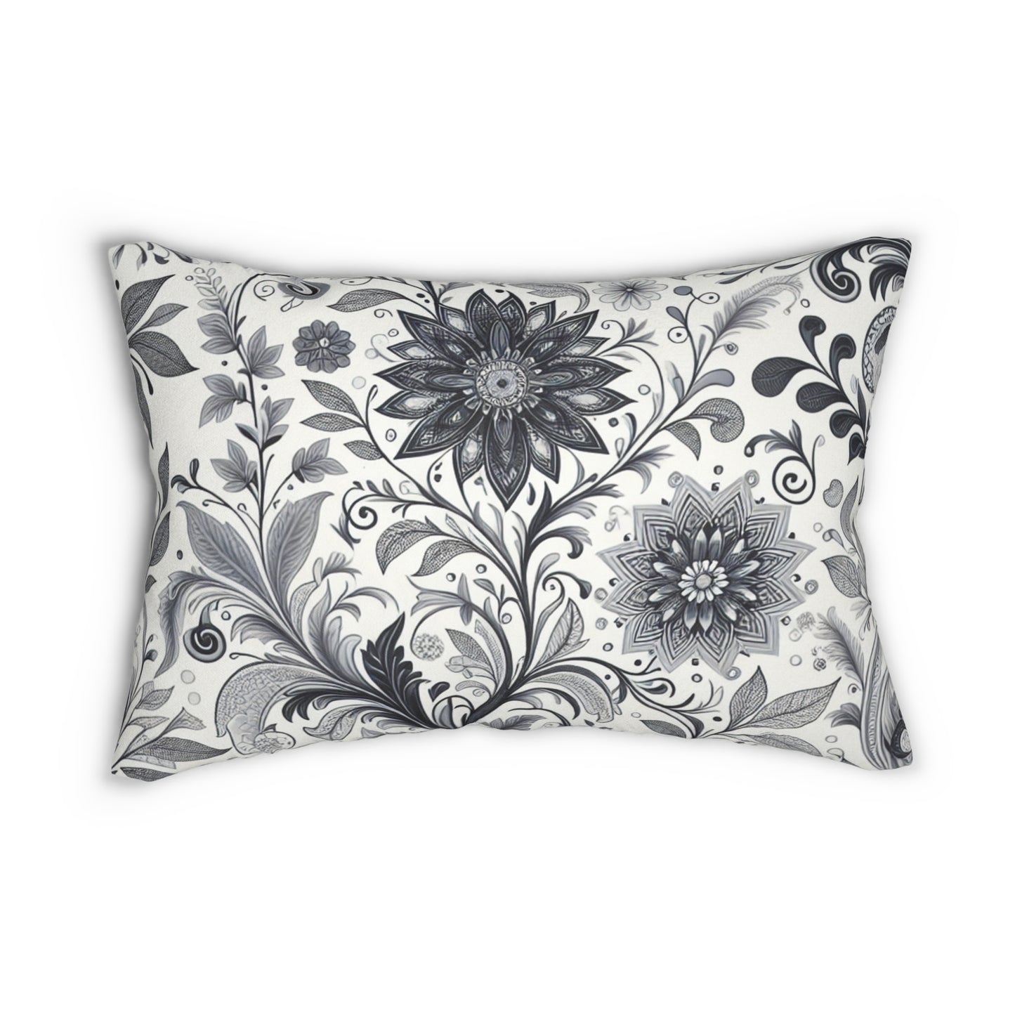 Floral Scroll Lumbar Pillow — Black & White Decorative Accent