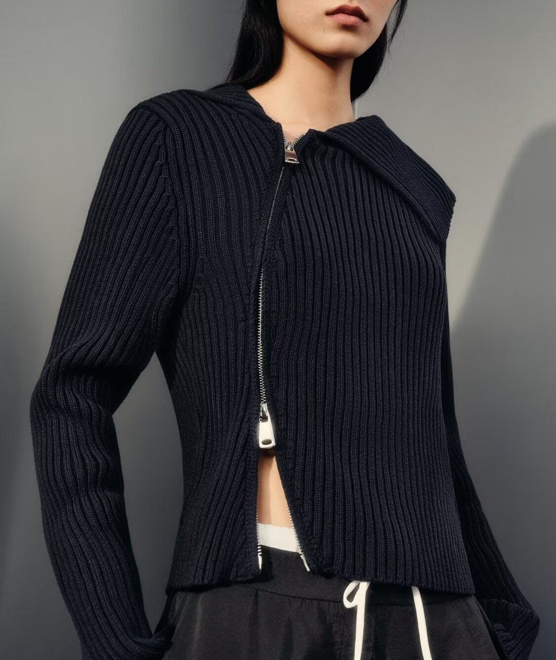 Elegant Women Clothing Zipper Rib Knitted Coat