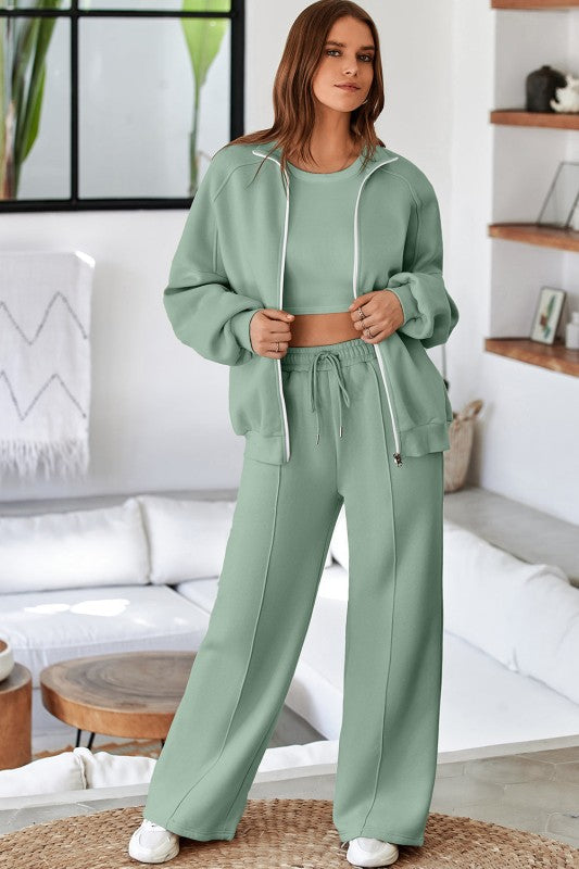 Solid Zip-Up Jacket and Drawstring Pants Set