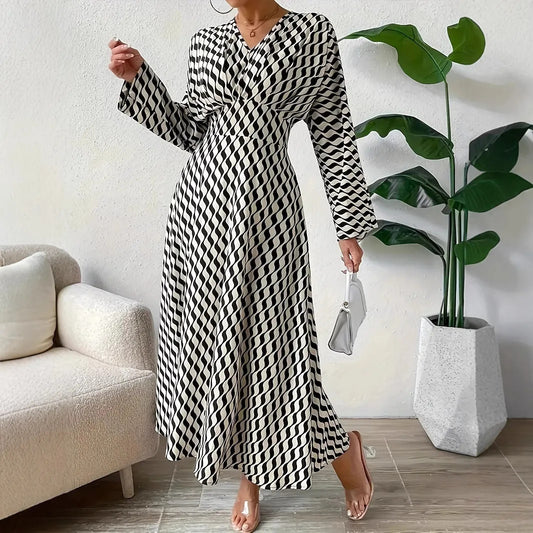 Geometric Printed V-neck Long-sleeved, Cinched-waist Elegant professional