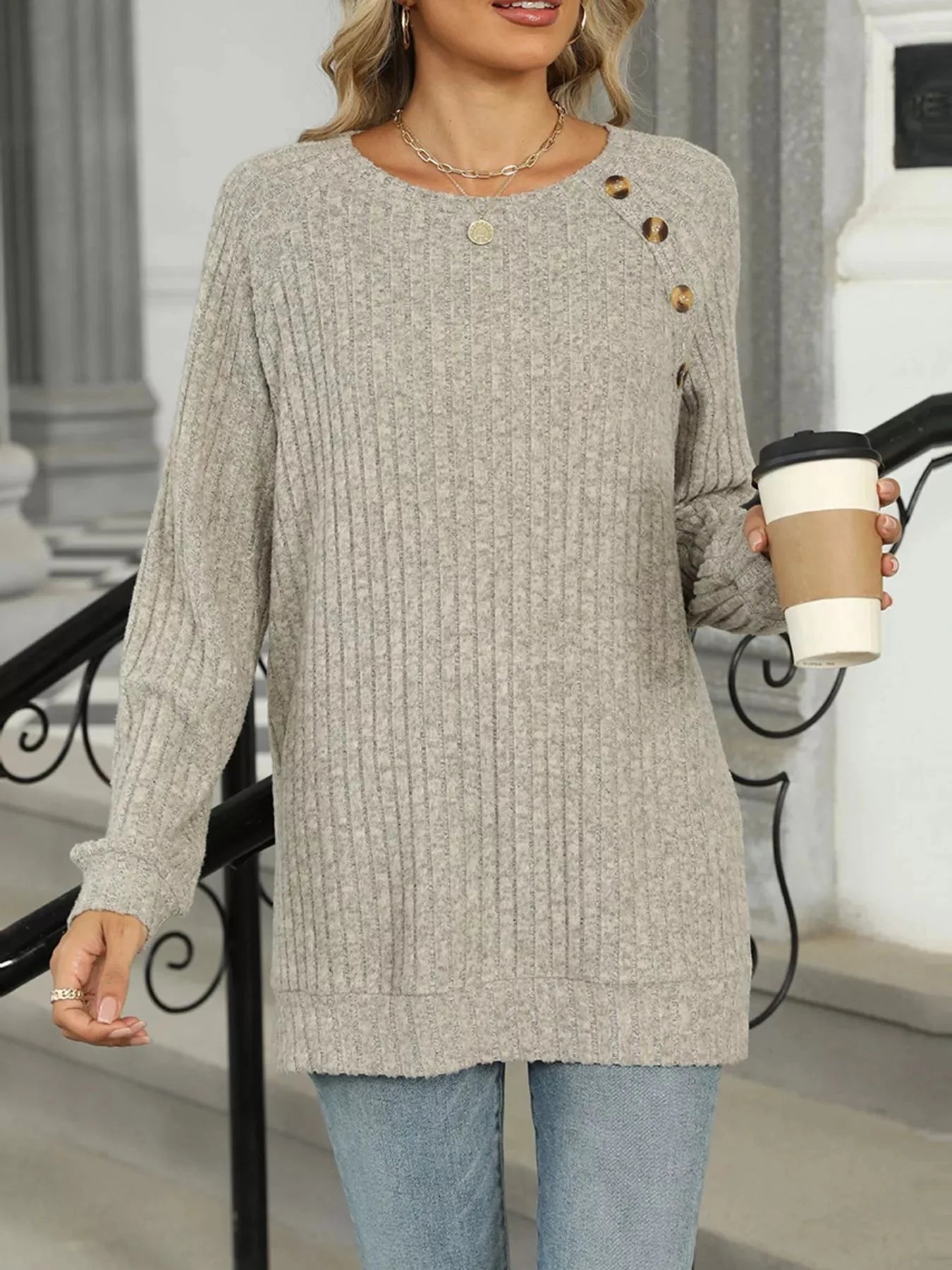 Cozy Chic Ribbed Button Detail Long Sleeve Tunic