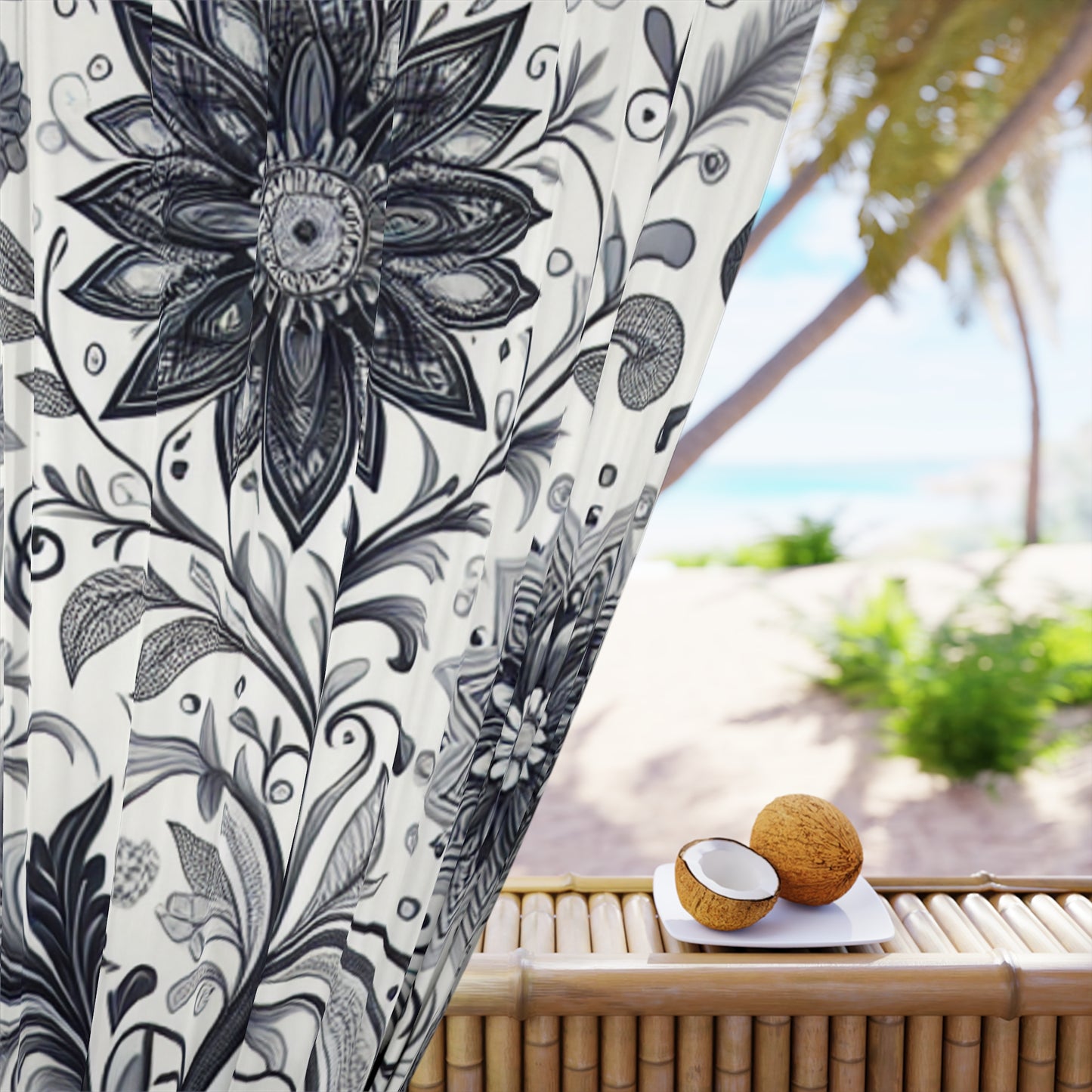 Elegant Floral Window Curtain, Home Decor, Black and White Floral Drapes, Living Room Curtains, Bedroom Window Treatment