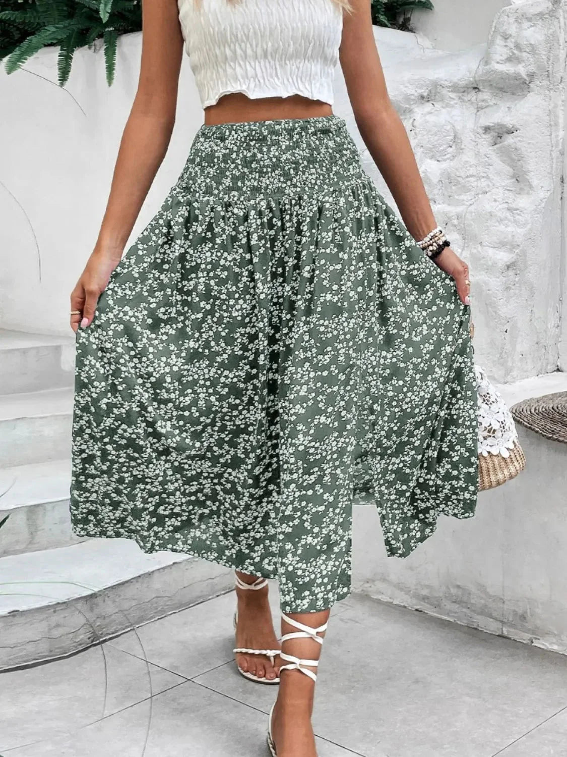 Slit Smocked High Waist Floral Midi Skirt