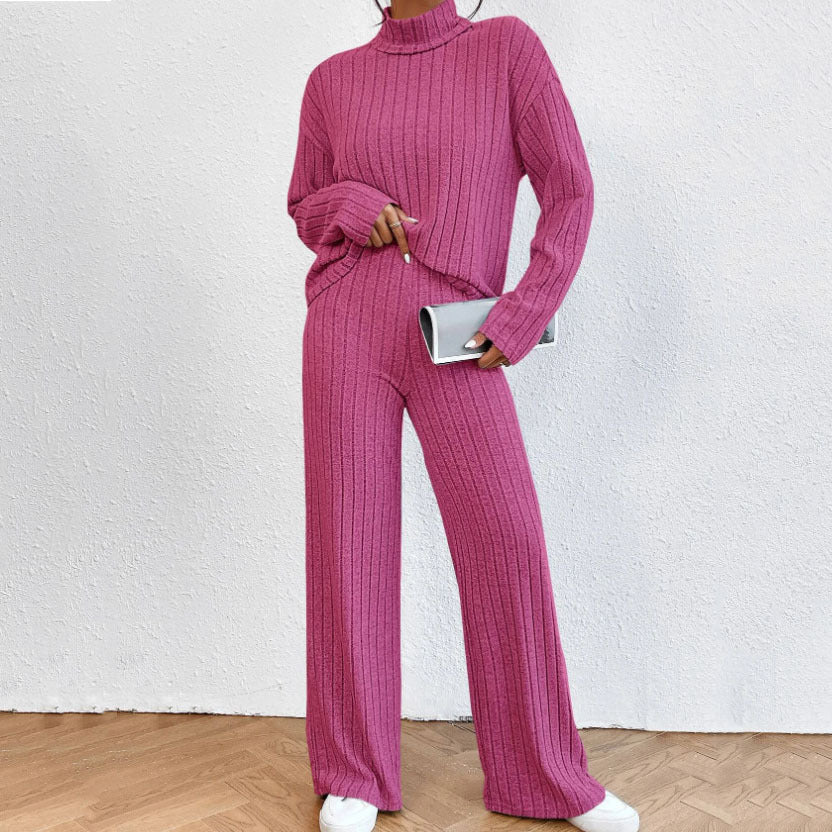 r Leisure Turtleneck Knitting Long-sleeve Suit Women's Sweater Loose Trousers Two-piece Set