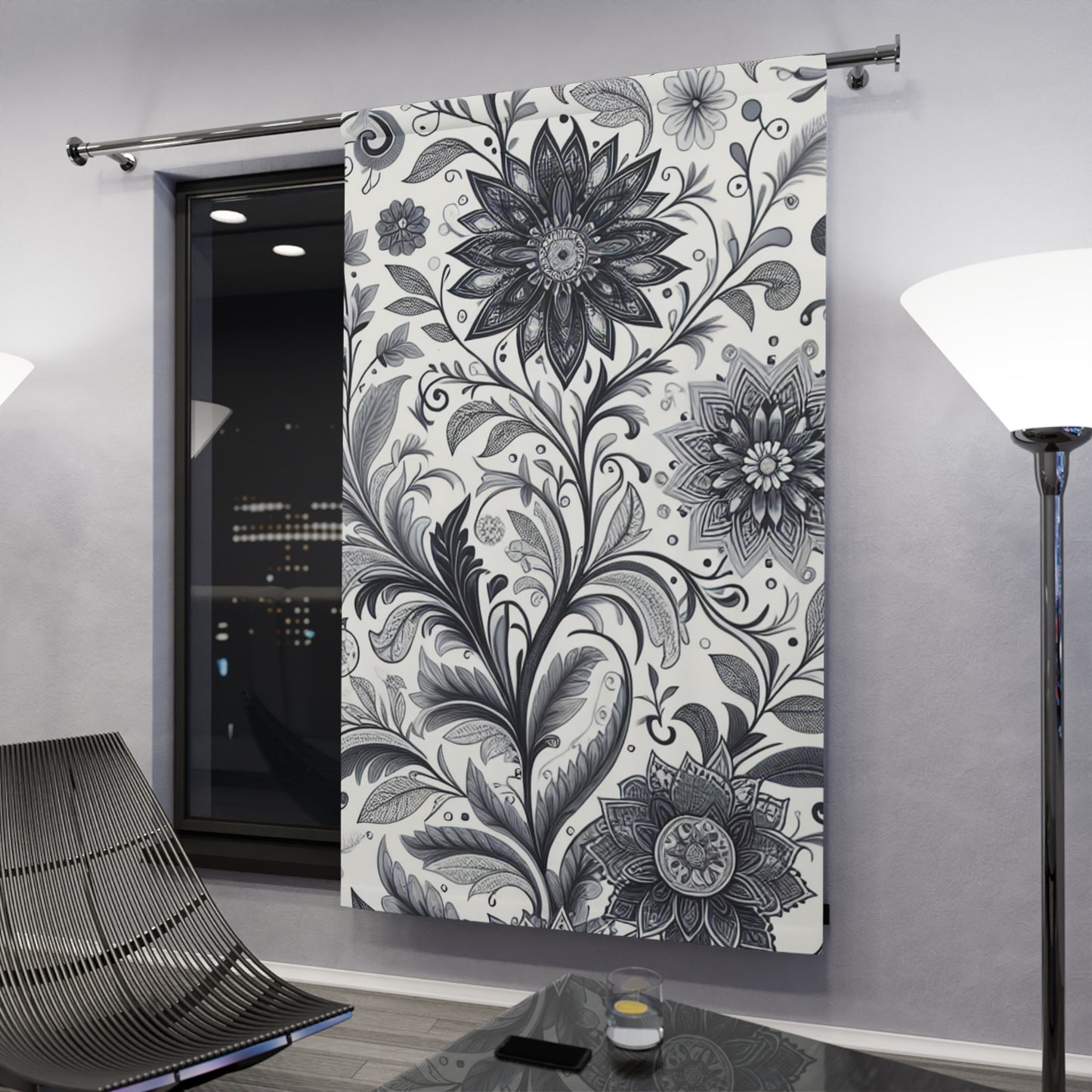 Elegant Floral Window Curtain, Home Decor, Black and White Floral Drapes, Living Room Curtains, Bedroom Window Treatment