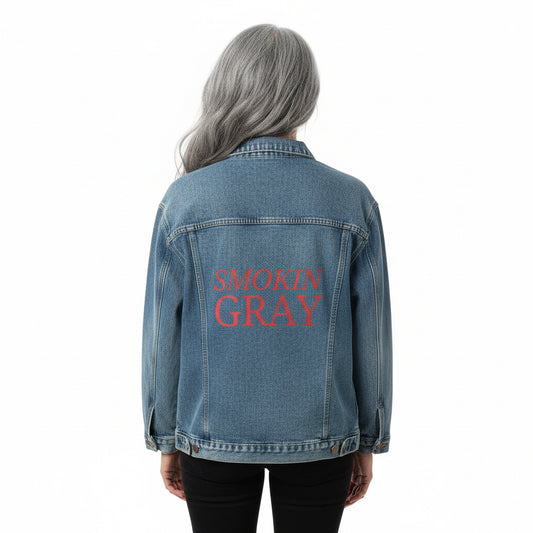 Denim Jacket — Women's Oversized Jean Jacket with 'Smokin Gray' Back Print