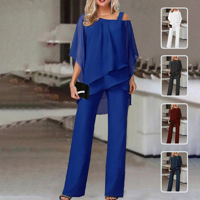 Solid Loose Irregular Suits Batwing Sleeve Top And Straight Trousers Set