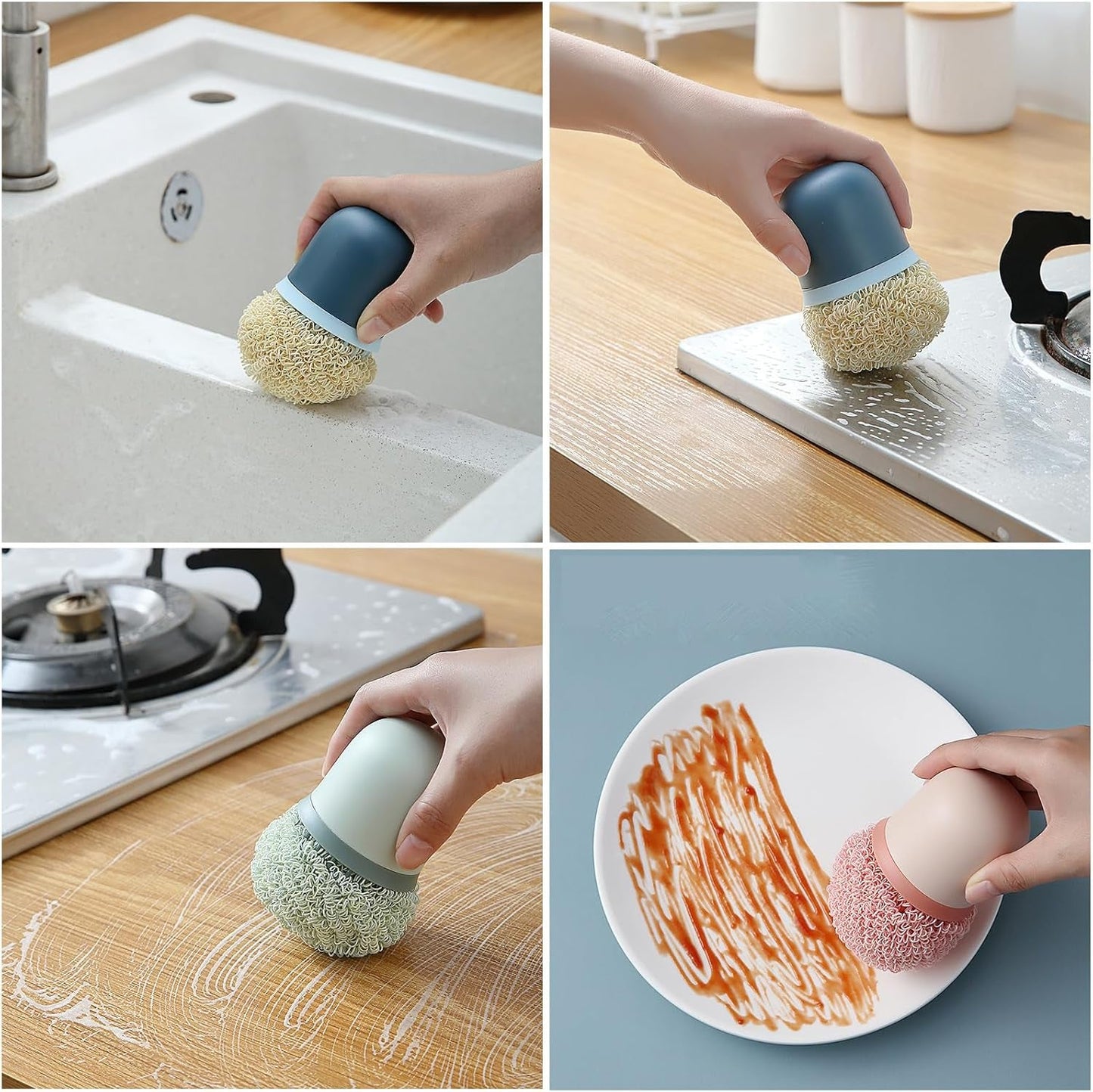 No-Scratch Kitchen Scrub Brush with Replaceable Fiber Scouring Balls – Anti-Scratch, Durable Handle for Non-Stick, Stainless Steel & Ceramic Cookware