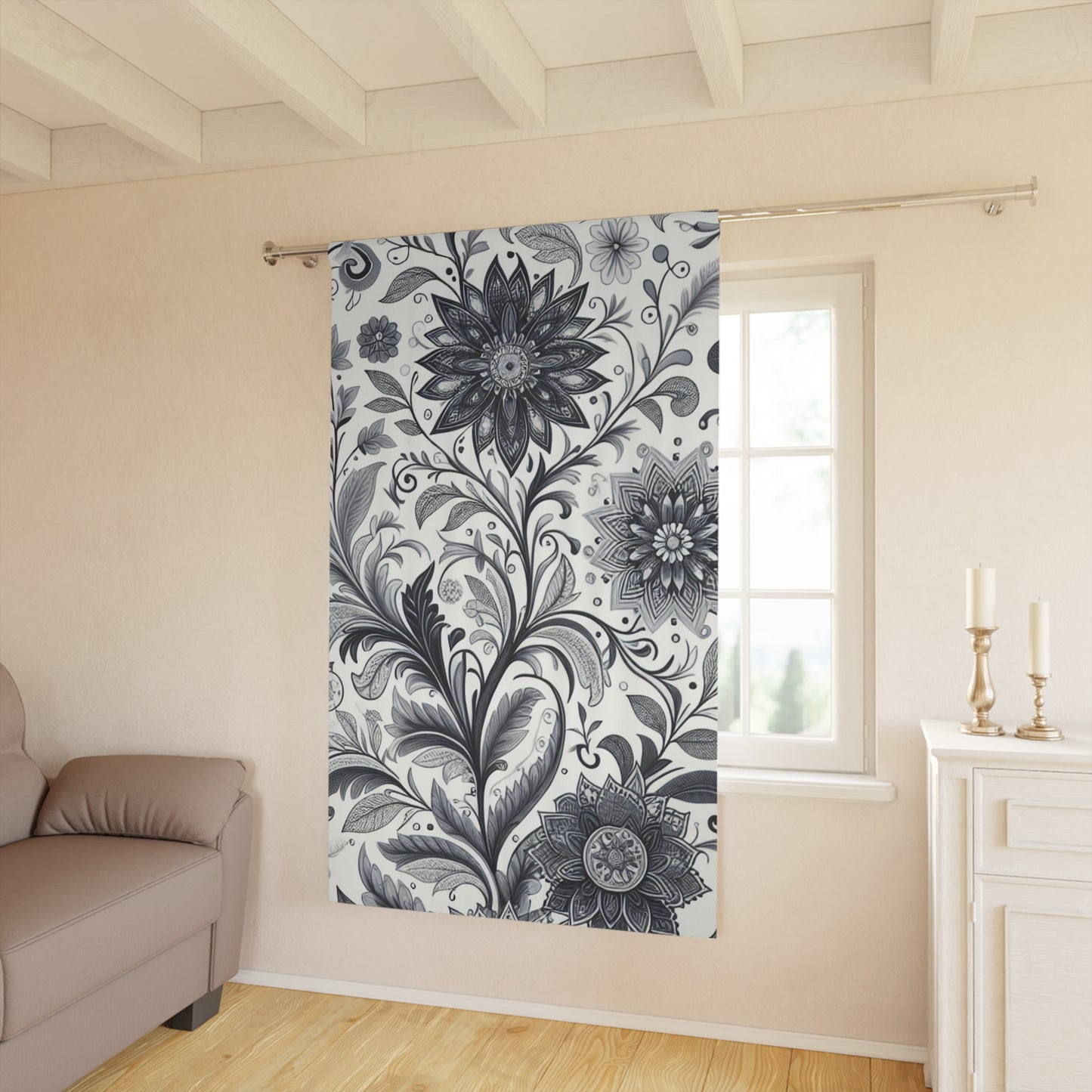 Elegant Floral Window Curtain, Home Decor, Black and White Floral Drapes, Living Room Curtains, Bedroom Window Treatment