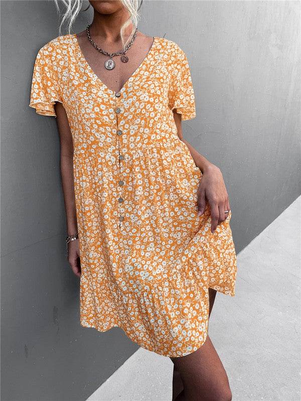 Floral Short Sleeve V Neck Midi Length Dress