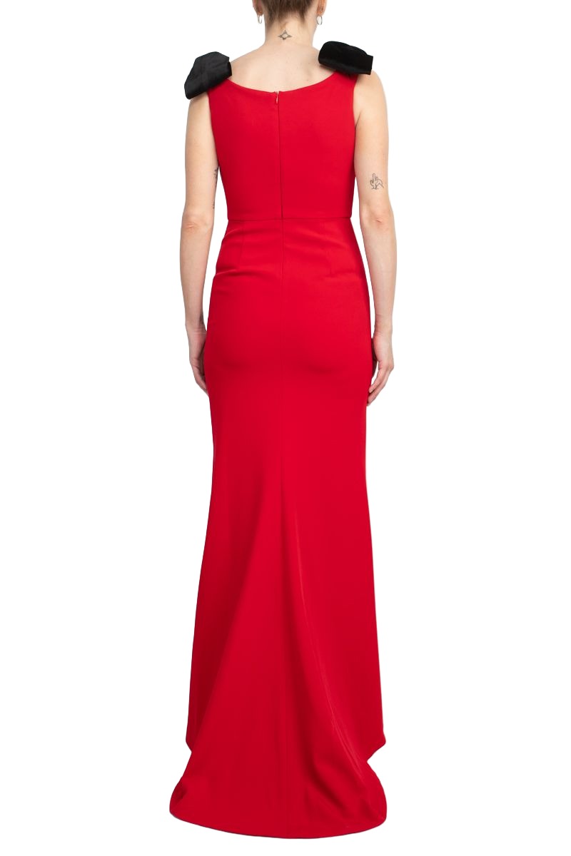 Alberto Makali Boat Neck Sleeveless Bow Shoulder Detail Zipper Back Solid Mermaid Gown