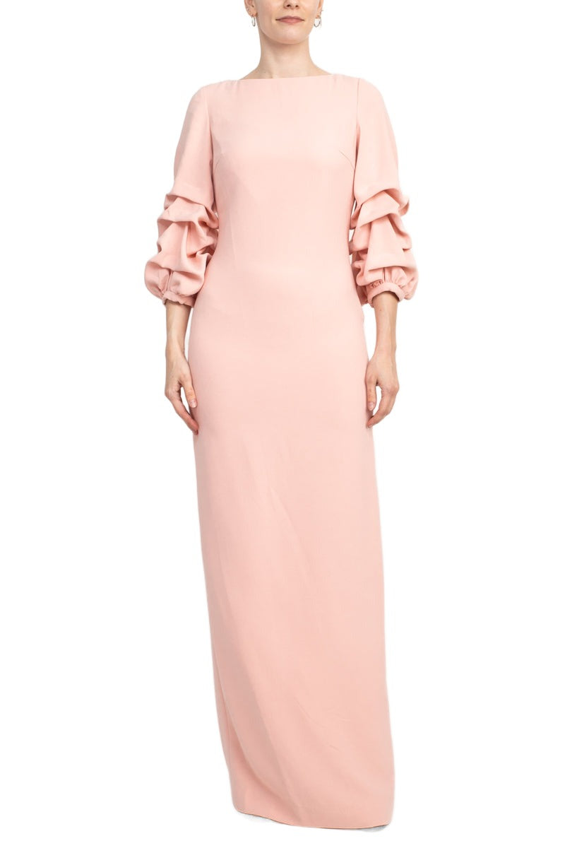 Alberto Makali Boat Neck Gathered 3/4 Sleeve Column Zipper Back Slit Back Scuba Dress