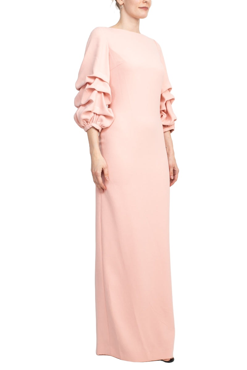 Alberto Makali Boat Neck Gathered 3/4 Sleeve Column Zipper Back Slit Back Scuba Dress