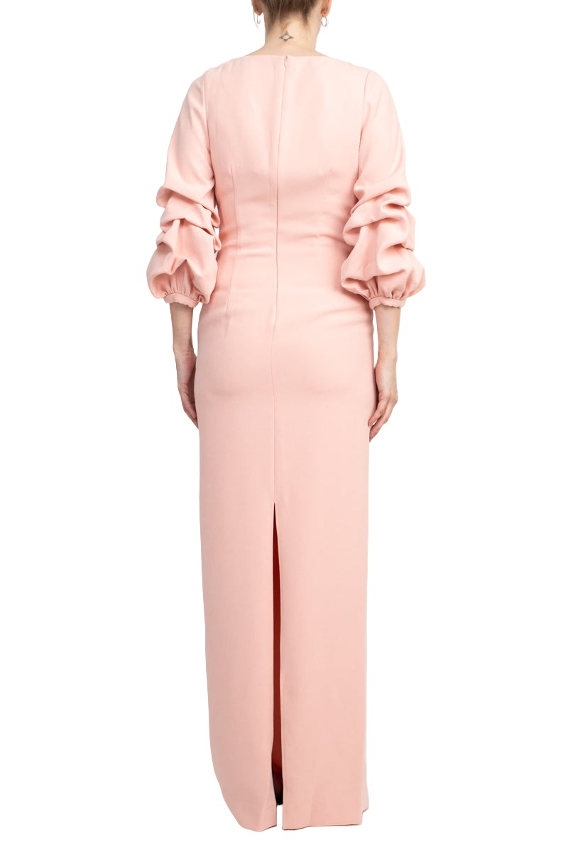 Alberto Makali Boat Neck Gathered 3/4 Sleeve Column Zipper Back Slit Back Scuba Dress