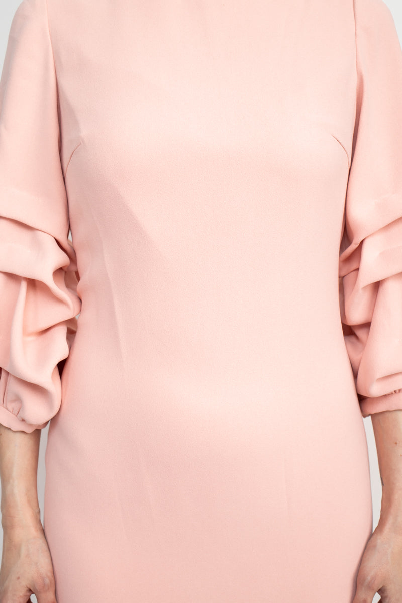 Alberto Makali Boat Neck Gathered 3/4 Sleeve Column Zipper Back Slit Back Scuba Dress