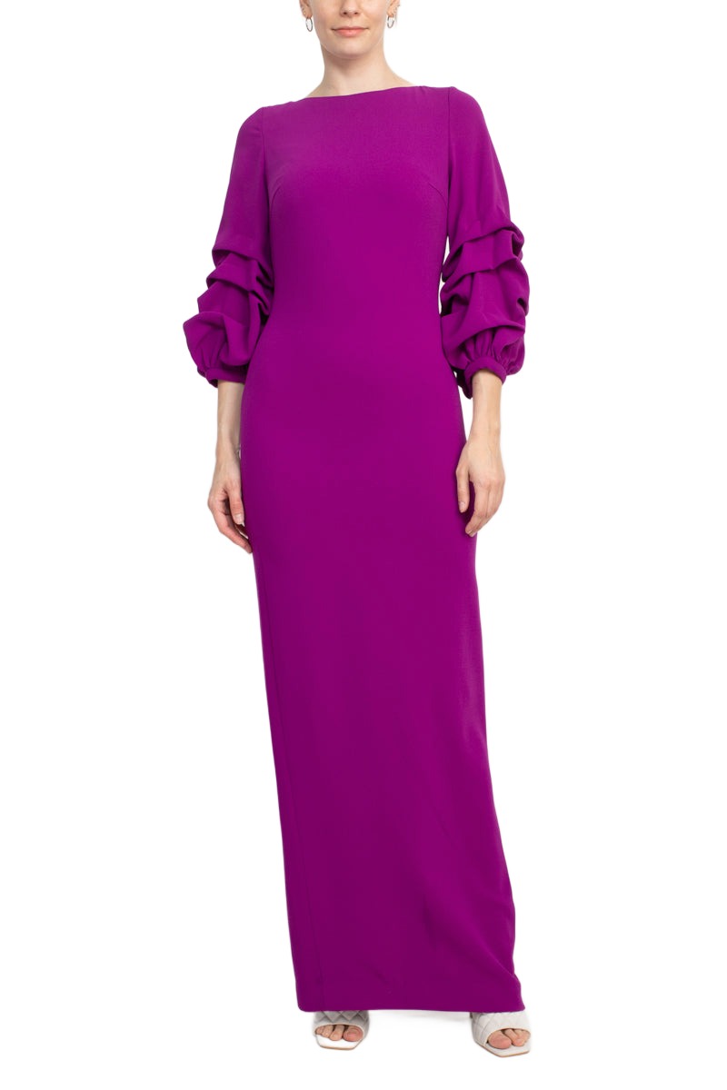 Alberto Makali Boat Neck Gathered 3/4 Sleeve Column Zipper Back Slit Back Scuba Dress