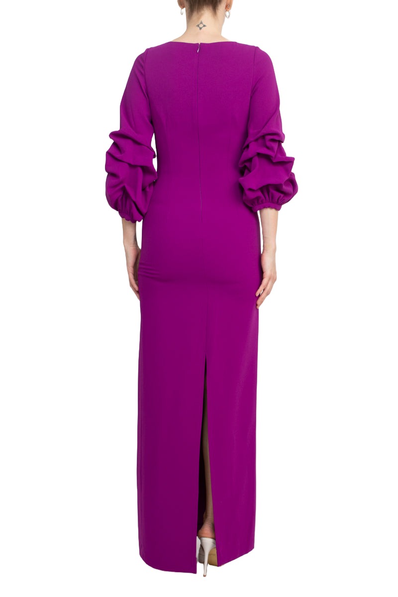 Alberto Makali Boat Neck Gathered 3/4 Sleeve Column Zipper Back Slit Back Scuba Dress