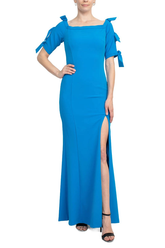 Alberto Makali Square Neck Bow Shoulder Detail Short Sleeve Sheath Zipper Back Slit Side Solid Scuba Gown