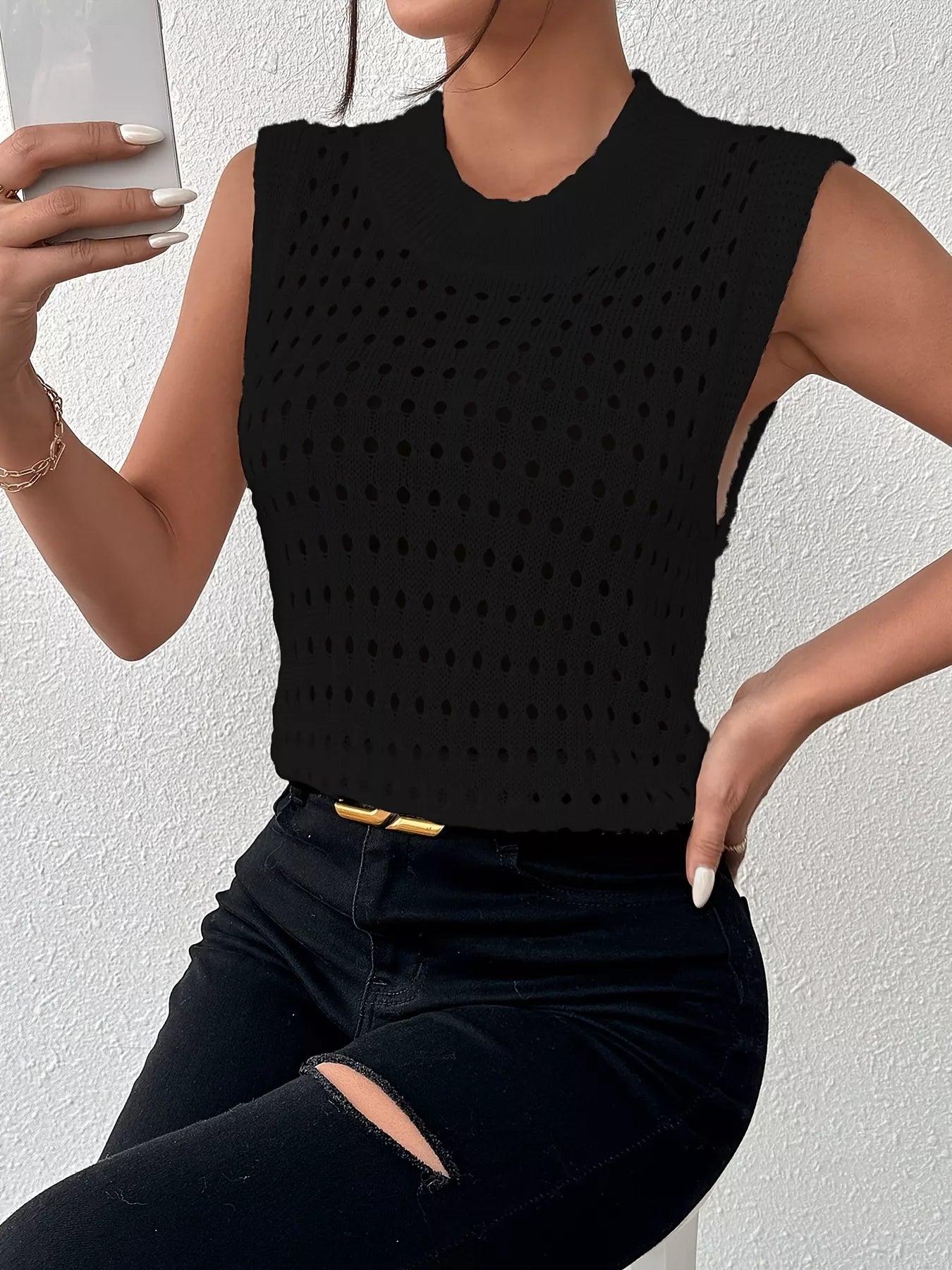 Hollow Out Round Neck Knit Sweater Tank