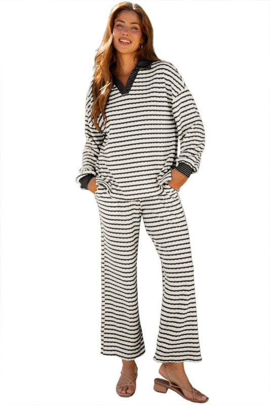 Stripe Collared Top and Drawstring Pants Set