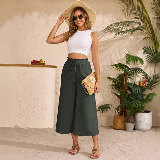 Fashionable Loose-fitting Capri Wide-leg Pants With Pockets And An Elastic Waistband