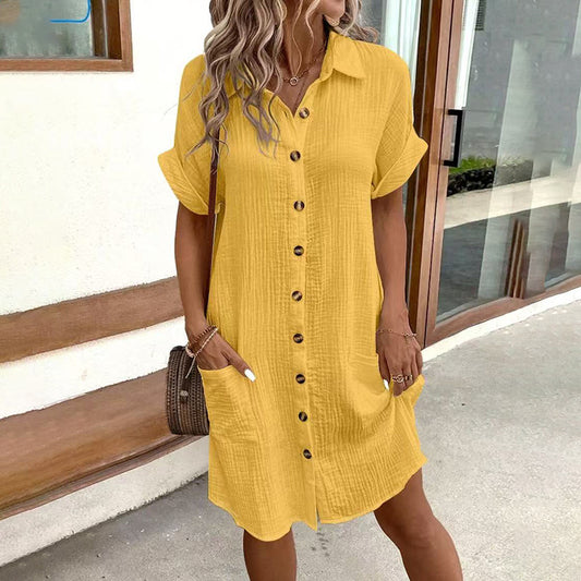 Casual Collar Button Down Short Sleeve Tunic Shirt Dress With Pockets