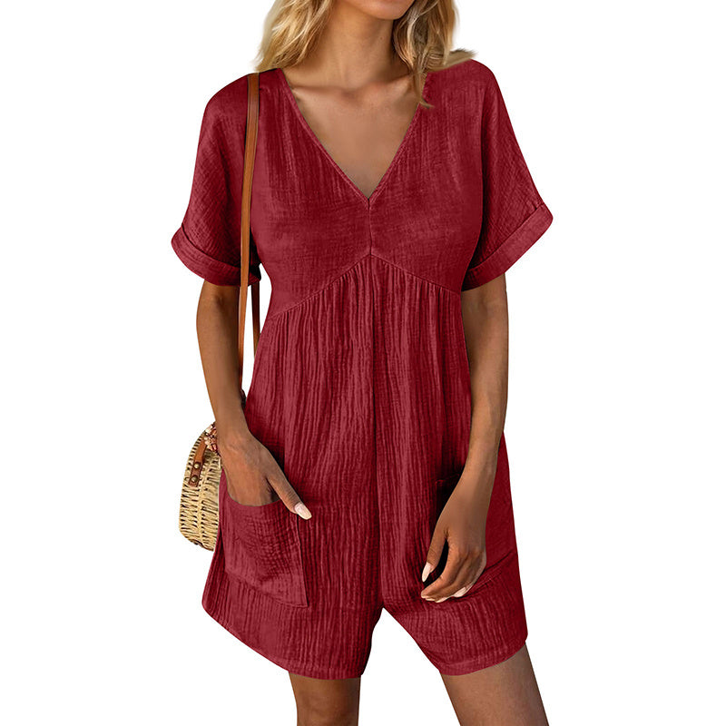 Womens Summer Romper Casual Short Sleeve V Neck Short Jumpsuits With Pockets