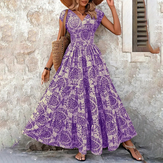 Women's Sexy V-Neck Short Sleeve Maxi Dress Summer Prints And Flowy Big Hem Beach Dresses