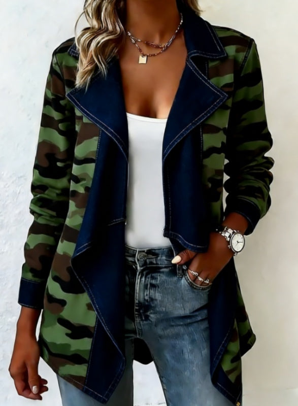 Patchwork Denim Collar Women's Long-sleeved Mid-length Coat