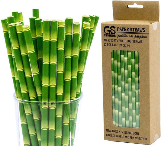Bamboo Print Biodegradable Drinking Paper Straws for Party Box of 100