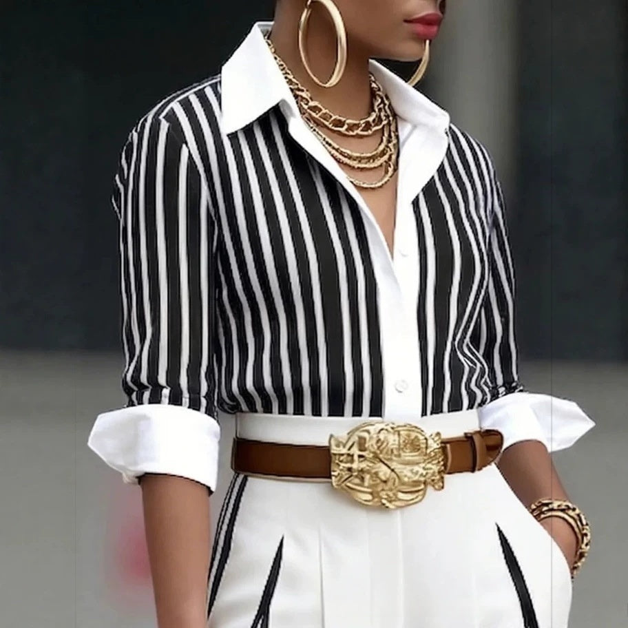 Striped Shirt And Vertical-striped Wide-leg Pants Set