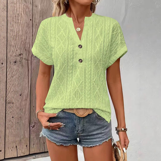 Fashionable Casual Solid-Color Buttoned V-Neck T-Shirt For Women