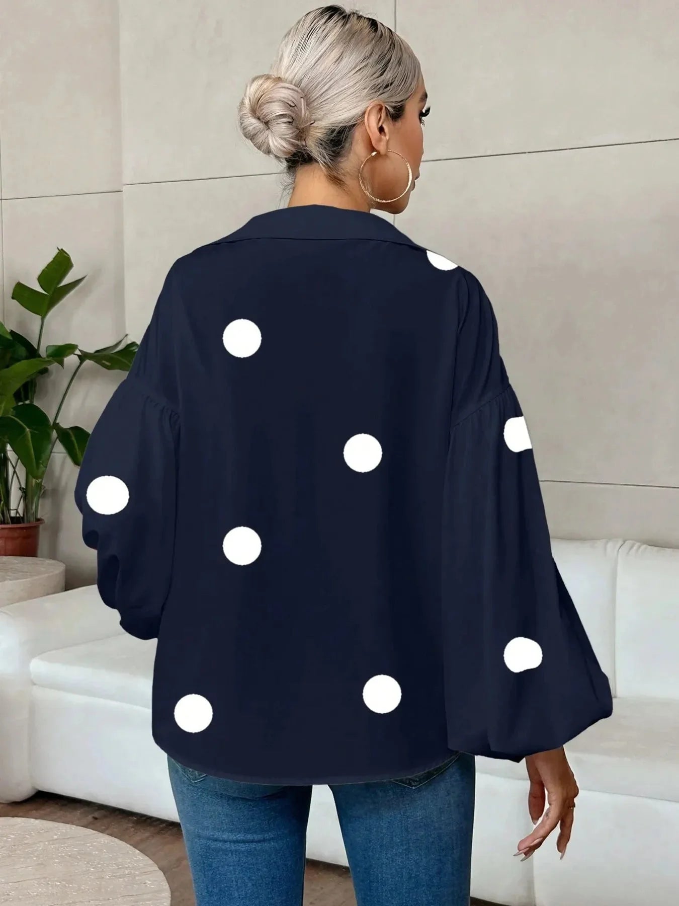Oversized Polka Dot Balloon Sleeve Blouse