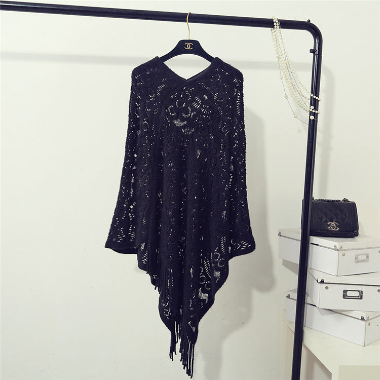 Women's Knitted Crocheted Hollow Irregular Tassel Pullover Sweater