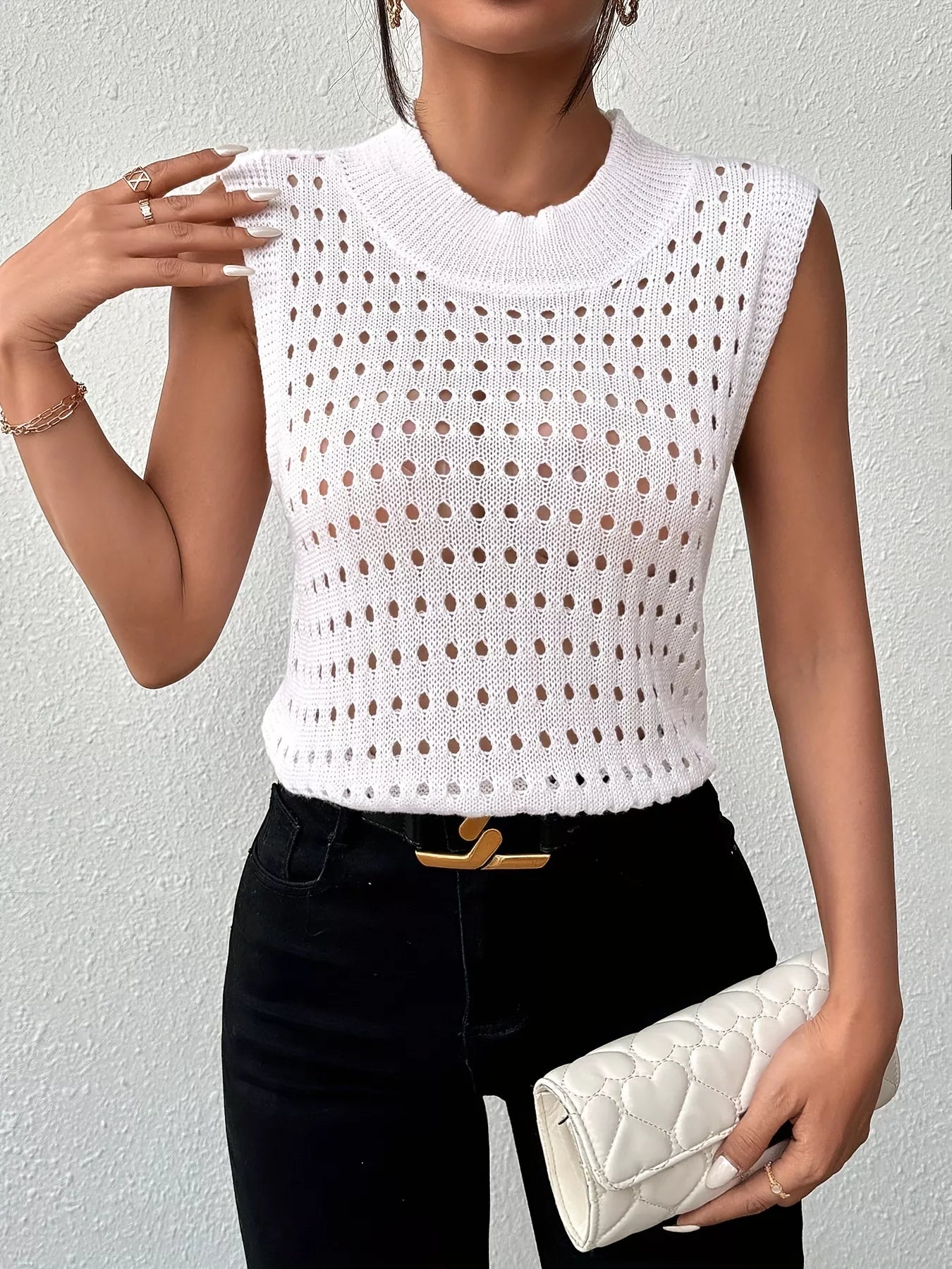 Hollow Out Round Neck Knit Sweater Tank