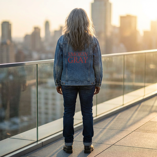 Denim Jacket — Women's Oversized Jean Jacket with 'Smokin Gray' Back Print