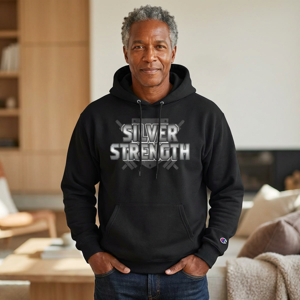 Silver Strength Hoodie — Champion Logo Athletic Pullover