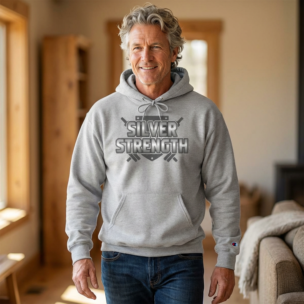 Silver Strength Hoodie — Champion Logo Athletic Pullover