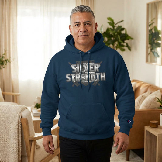 Silver Strength Hoodie — Champion Logo Athletic Pullover